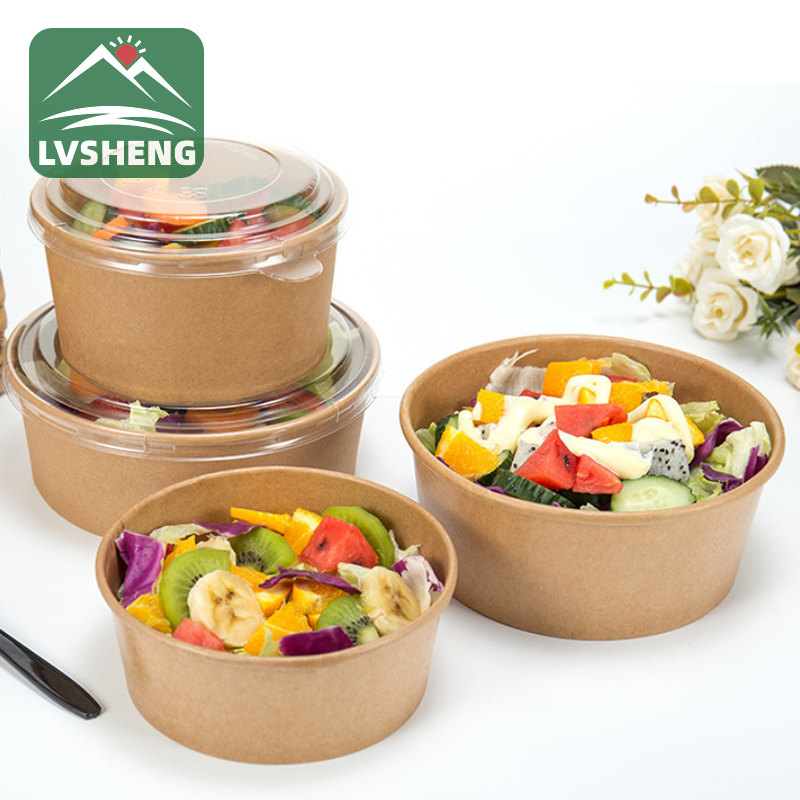 Kraft Paper Salad Bowl Wopanda Madzi ndi Umboni Wopaka Mafuta Ndi Lid kumabweretsa kusavuta kumoyo wanu