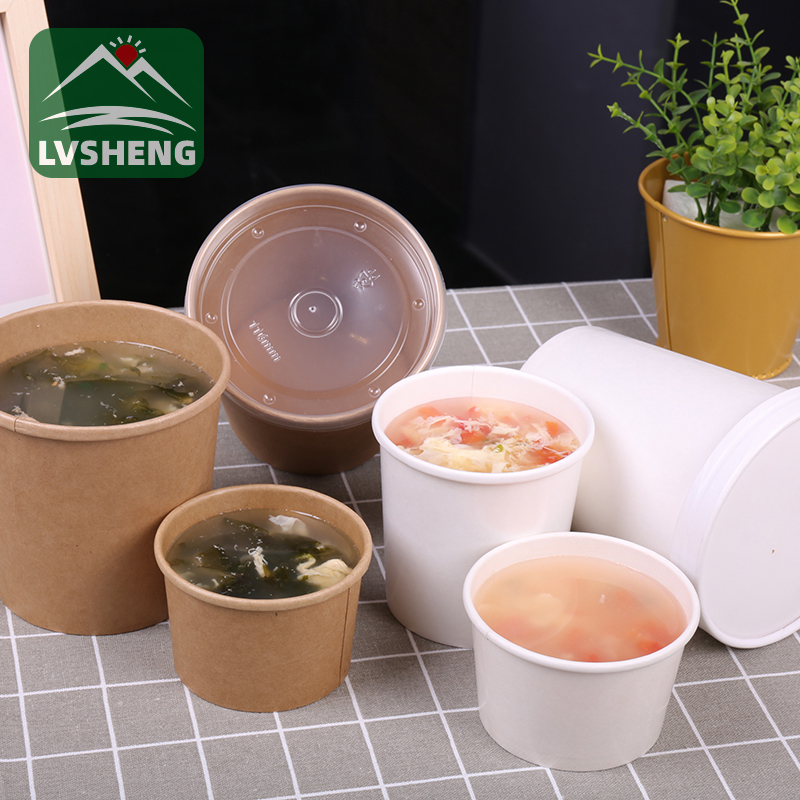 Kupaka mapepala a Lvsheng Kuyambitsa 100% Compostable Kraft Paper Soup Bowl Ndi Lid