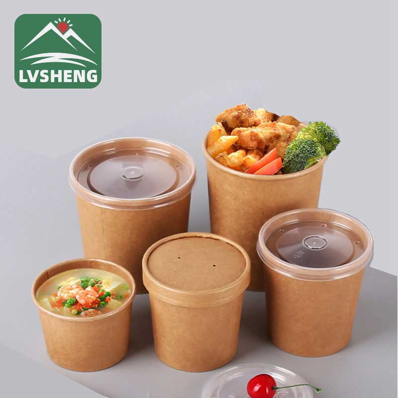 Kraft Disposable Chinese Paper Soup Bowl yokhala ndi Lid